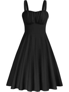 Women's Black Vintage A-Line Midi Cocktail Dress Spaghetti Strap Tea Party Dress